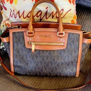 Michael Kors Jet Set Brown-MK Logo- Handbag/Crossbody-Leather Trim/Gold accents